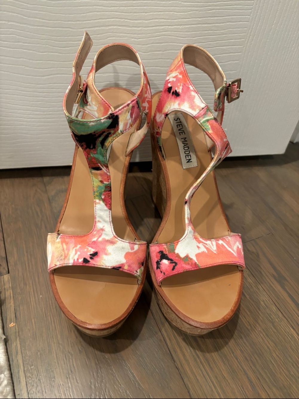Steve Madden Pink Multi Floral T-Strap Platform Sandals